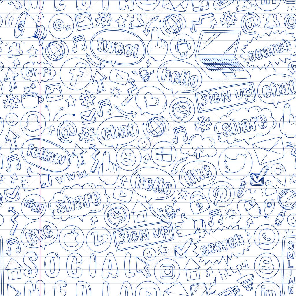 Social media and teamwork icons. Doodle images. Management, business, infographic.