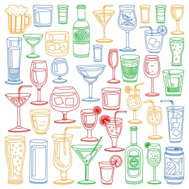 Vektör set menü için popüler kokteyller. Doodle stil ikonları.