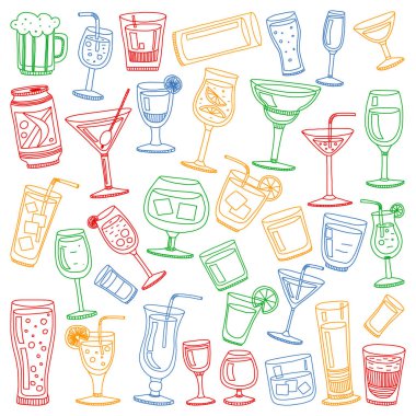 Vektör set menü için popüler kokteyller. Doodle stil ikonları.