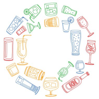 Vektör set menü için popüler kokteyller. Doodle stil ikonları.