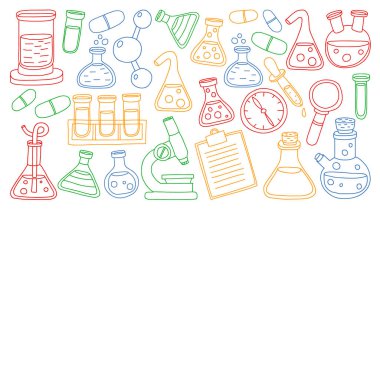 Kimya, bilim simgeler vektör kümesi. Laboratuvar Ekipmanları görüntüleri ile desen.