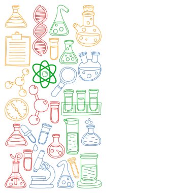 Kimya, bilim simgeler vektör kümesi. Laboratuvar Ekipmanları görüntüleri ile desen.