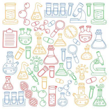 Kimya, bilim simgeler vektör kümesi. Laboratuvar Ekipmanları görüntüleri ile desen.