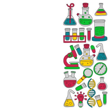 Kimya, bilim simgeler vektör kümesi. Laboratuvar Ekipmanları görüntüleri ile desen.