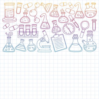 Kimya, bilim simgeler vektör kümesi. Laboratuvar Ekipmanları görüntüleri ile desen.