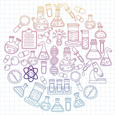 Kimya, bilim simgeler vektör kümesi. Laboratuvar Ekipmanları görüntüleri ile desen.