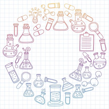 Kimya, bilim simgeler vektör kümesi. Laboratuvar Ekipmanları görüntüleri ile desen.