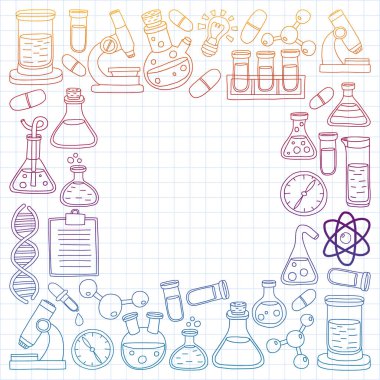 Kimya, bilim simgeler vektör kümesi. Laboratuvar Ekipmanları görüntüleri ile desen.