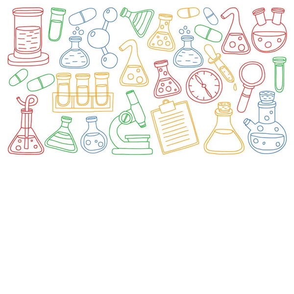 Vector set of chemistry, science icons. Pattern with laboratory equipment images. — Stock Vector