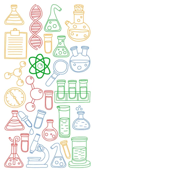 Conjunto vetorial de química, ícones científicos. Padrão com imagens de equipamentos de laboratório . —  Vetores de Stock