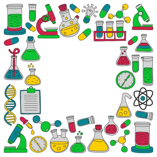 Conjunto vetorial de química, ícones científicos. Padrão com imagens de equipamentos de laboratório . —  Vetores de Stock