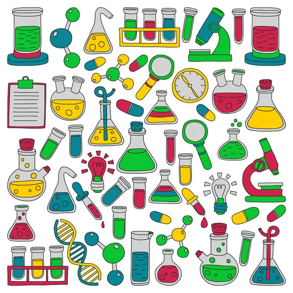 Conjunto vetorial de química, ícones científicos. Padrão com imagens de equipamentos de laboratório . —  Vetores de Stock