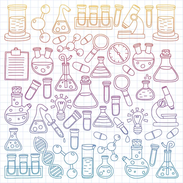 Conjunto vetorial de química, ícones científicos. Padrão com imagens de equipamentos de laboratório . — Vetor de Stock