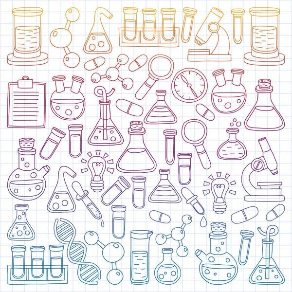 Conjunto vectorial de química, iconos científicos. Patrón con imágenes de equipos de laboratorio . — Vector de stock