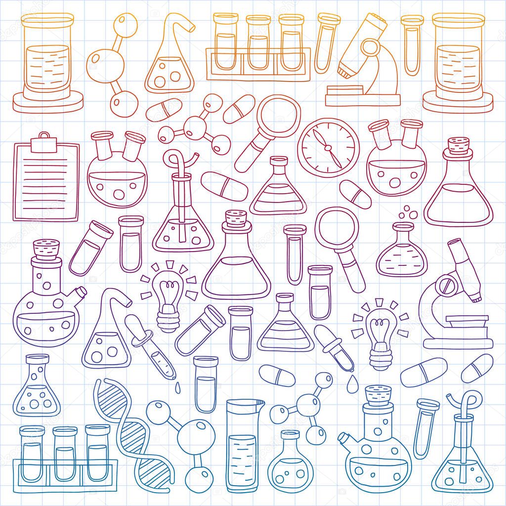 Vector set of chemistry, science icons. Pattern with laboratory equipment images.