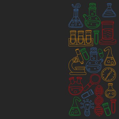 Kimya, bilim simgeler vektör kümesi. Laboratuvar Ekipmanları görüntüleri ile desen.