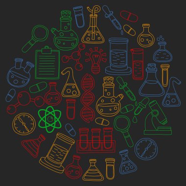 Kimya, bilim simgeler vektör kümesi. Laboratuvar Ekipmanları görüntüleri ile desen.