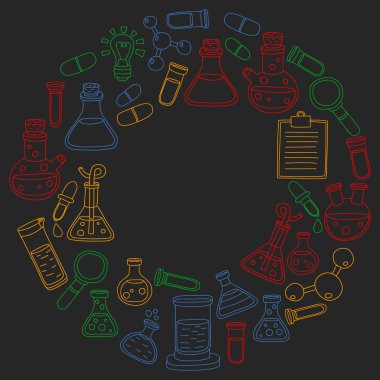 Kimya, bilim simgeler vektör kümesi. Laboratuvar Ekipmanları görüntüleri ile desen.