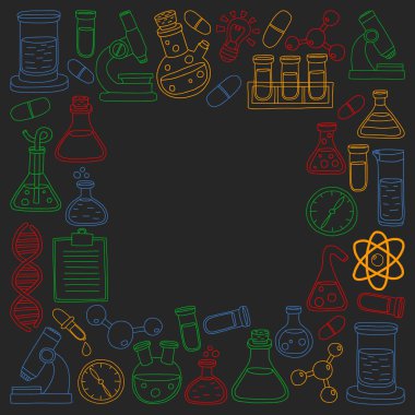 Kimya, bilim simgeler vektör kümesi. Laboratuvar Ekipmanları görüntüleri ile desen.