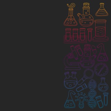 Kimya, bilim simgeler vektör kümesi. Laboratuvar Ekipmanları görüntüleri ile desen.