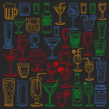 Vektör set menü için popüler kokteyller. Doodle stil ikonları.