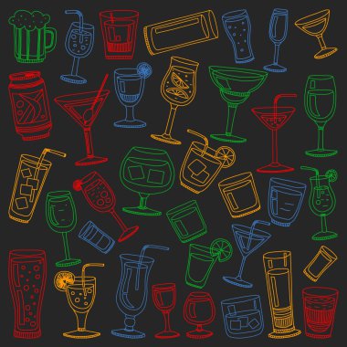 Vektör set menü için popüler kokteyller. Doodle stil ikonları.