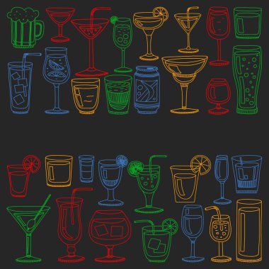 Vektör set menü için popüler kokteyller. Doodle stil ikonları.