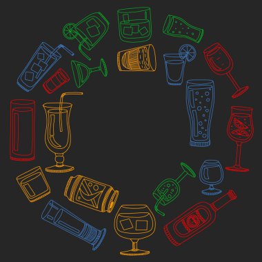 Vektör set menü için popüler kokteyller. Doodle stil ikonları.