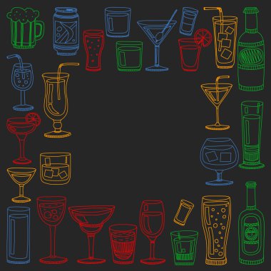Vektör set menü için popüler kokteyller. Doodle stil ikonları.