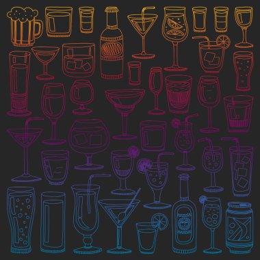 Vektör set menü için popüler kokteyller. Doodle stil ikonları.