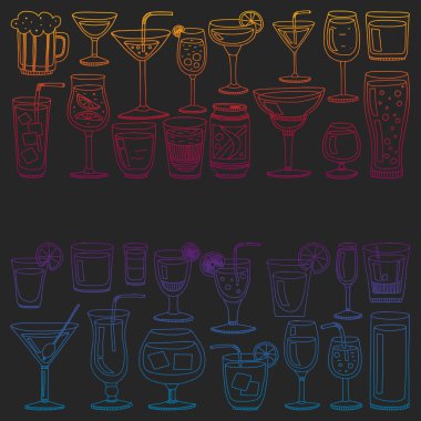 Vektör set menü için popüler kokteyller. Doodle stil ikonları.