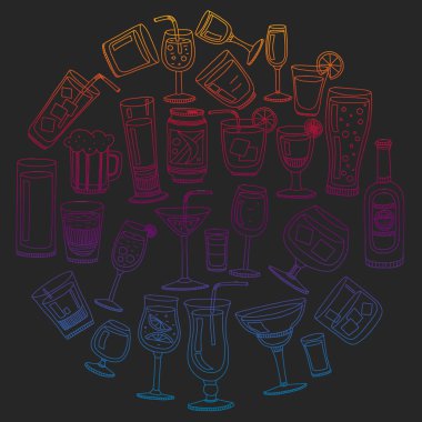 Vektör set menü için popüler kokteyller. Doodle stil ikonları.