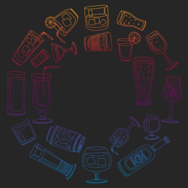Menü için popüler kokteyller topluluğu. Vektör çizim