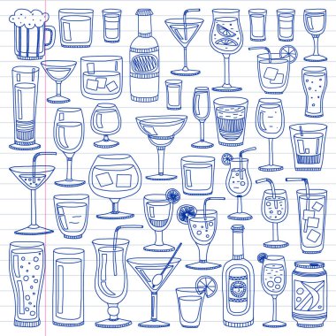 Vektör set menü için popüler kokteyller. Doodle stil ikonları.