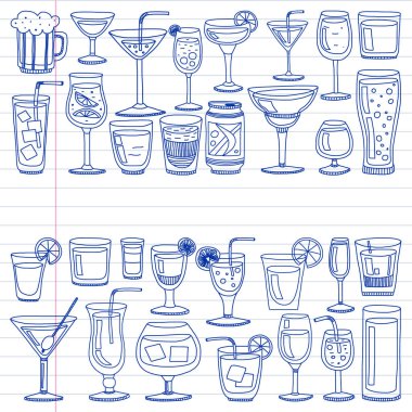 Vektör set menü için popüler kokteyller. Doodle stil ikonları.