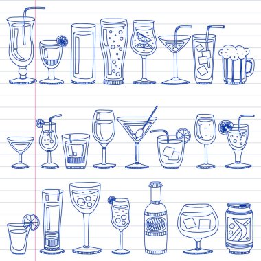 Vektör set menü için popüler kokteyller. Doodle stil ikonları.