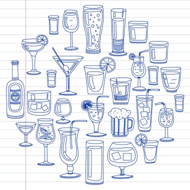 Vektör set menü için popüler kokteyller. Doodle stil ikonları.