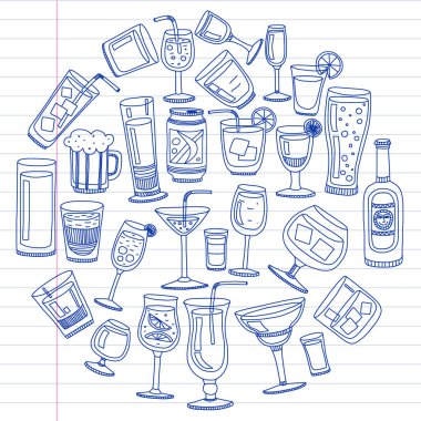 Vektör set menü için popüler kokteyller. Doodle stil ikonları.
