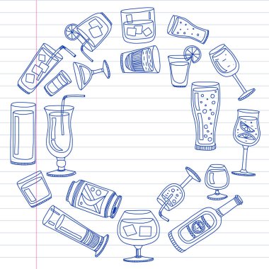 Vektör set menü için popüler kokteyller. Doodle stil ikonları.