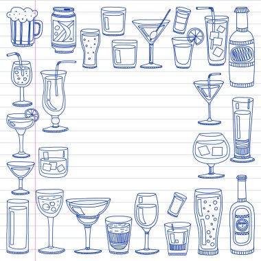 Vektör set menü için popüler kokteyller. Doodle stil ikonları.