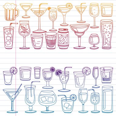 Vektör set menü için popüler kokteyller. Doodle stil ikonları.