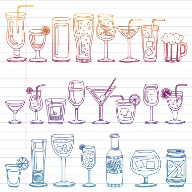 Vektör set menü için popüler kokteyller. Doodle stil ikonları.