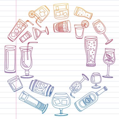 Menü için popüler kokteyller topluluğu. Vektör çizim