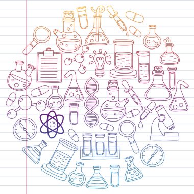 Kimya, bilim simgeler vektör kümesi. Laboratuvar Ekipmanları görüntüleri ile desen.