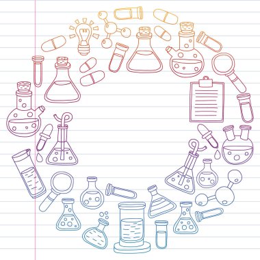 Kimya, bilim simgeler vektör kümesi. Laboratuvar Ekipmanları görüntüleri ile desen.
