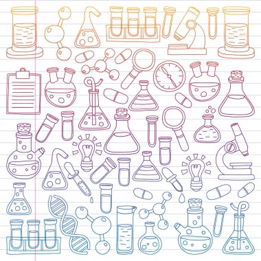 Kimya, bilim simgeler vektör kümesi. Laboratuvar Ekipmanları görüntüleri ile desen.