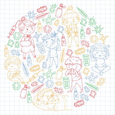 Çocuk Tıp Merkezi. Sağlık illüstrasyon. Küçük çocuklar, enfeksiyon, ateş, soğuk, virüs, hastalık ile doodle simgeler.