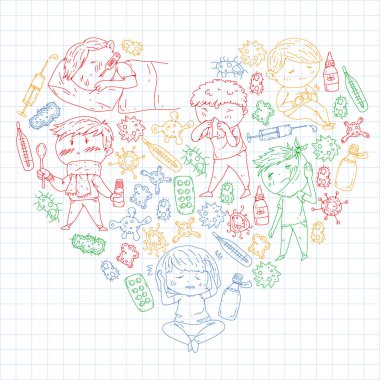 Çocuk Tıp Merkezi. Sağlık illüstrasyon. Küçük çocuklar, enfeksiyon, ateş, soğuk, virüs, hastalık ile doodle simgeler.