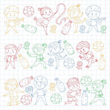 Çocuk yarışmaları spor. Genç atheles oynarken futbol, futbol, beyzbol, basketbol. Çalışan kız ve erkek. Rhythic jimnastik, artistik patinaj görüntüleri.