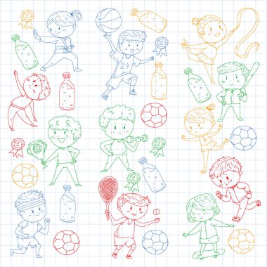 Çocuk yarışmaları spor. Genç atheles oynarken futbol, futbol, beyzbol, basketbol. Çalışan kız ve erkek. Rhythic jimnastik, artistik patinaj görüntüleri.